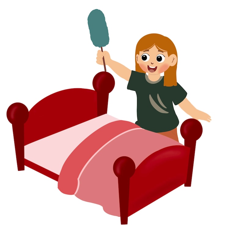 Vettore una ragazza carina felice che fa i lavori domestici, pulisce il letto, un bambino che fa il letto.