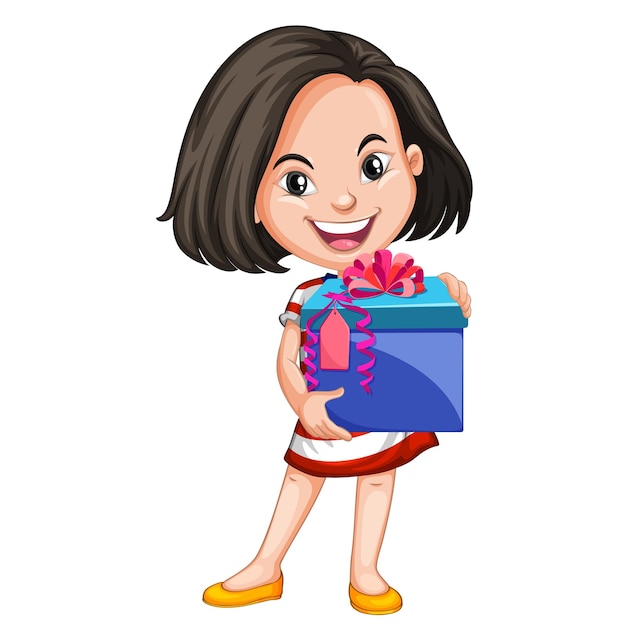 Una ragazza con in mano un grande personaggio dei cartoni animati di una scatola regalo
