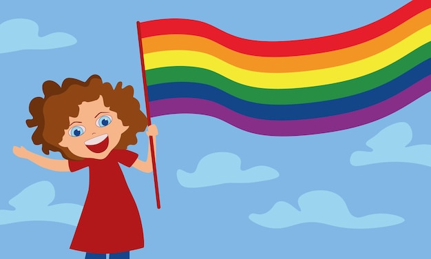 Una ragazza con in mano una bandiera arcobaleno con su scritto "lgbt".