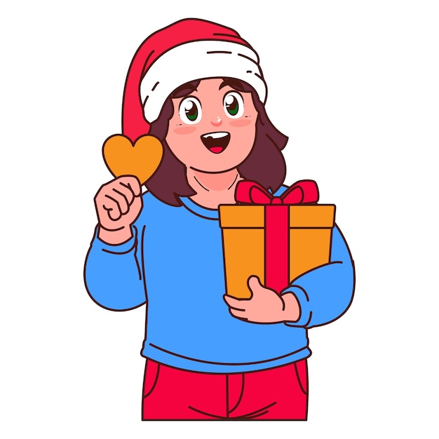 Una ragazza con un cappello di Babbo Natale che tiene una scatola di regali