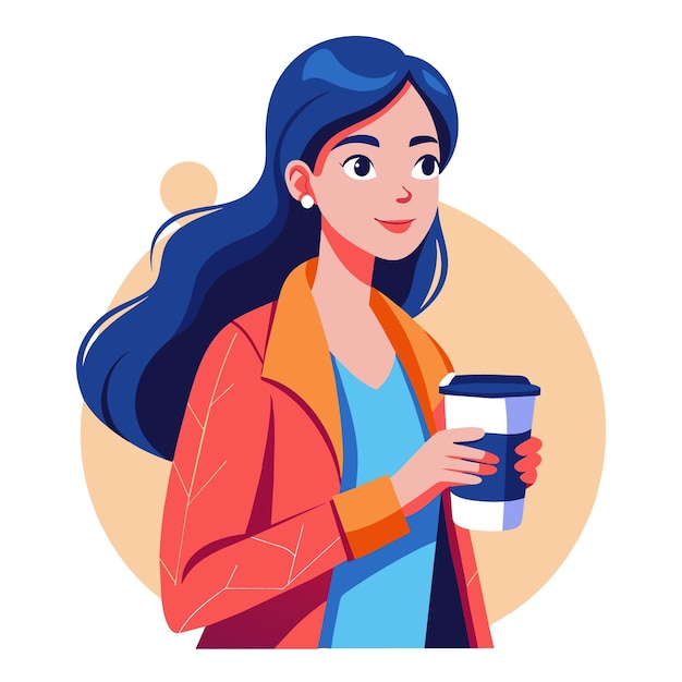 una ragazza con una camicia blu e una giacca rossa sta tenendo una tazza di caffè