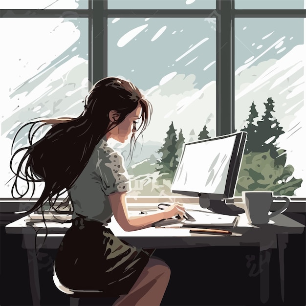 Una ragazza di design che lavora su un laptop, in abito da ufficio, su una scrivania accanto a una finestra,