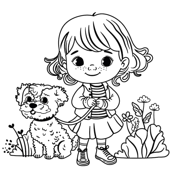 Una ragazza e il suo cane sono in piedi in un giardino. Illustrazione vettoriale in bianco e nero.