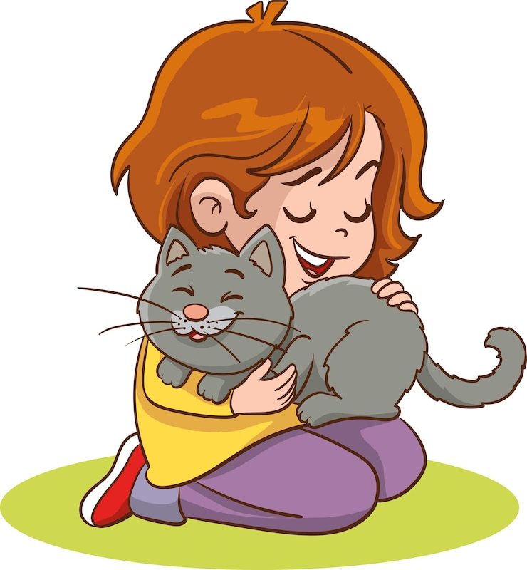 Vettore una ragazza sta abbracciando un gatto e l'immagine di un gatto è un cartone animato