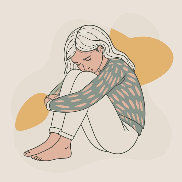 Una ragazza triste seduta sul pavimento in depressione Line Art Illustrazione vettoriale isolata su sfondo bianco