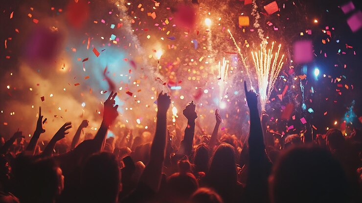 Vettore una sala da concerto affollata con palcoscenico in luci rosse spettacolo rock con persone silhouette esplosione di confetti colorati sparato sulla pista da ballo durante un festival di concerti