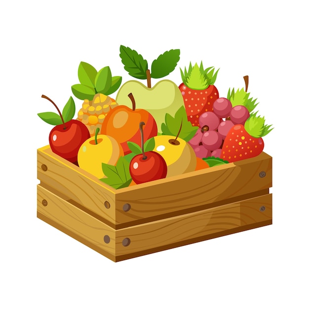 una scatola di legno di frutta, comprese le fragole e le fragole