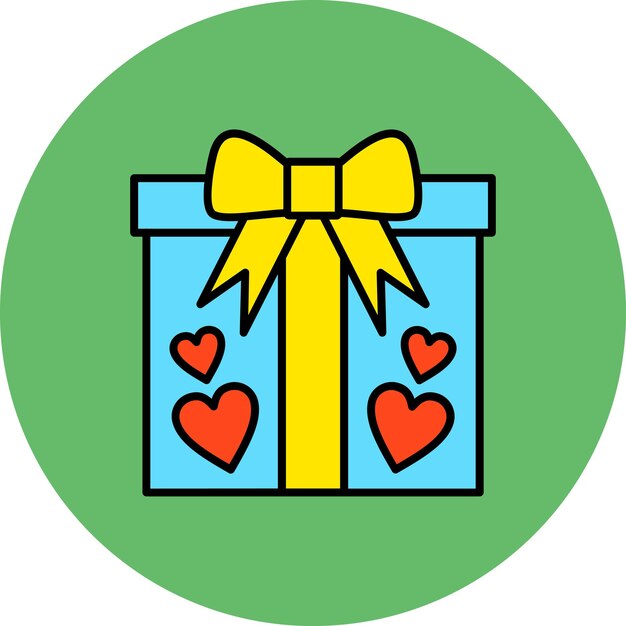 una scatola regalo blu con cuori e un arco giallo