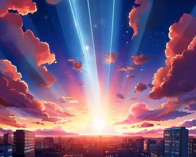 Una scena dell'anime del sole che sorge su una città