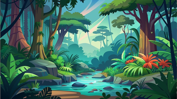 Vettore una scena forestale con un fiume e degli alberi