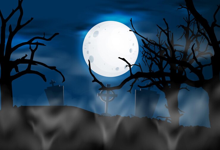 una scena inquietante con una luna piena sullo sfondo
