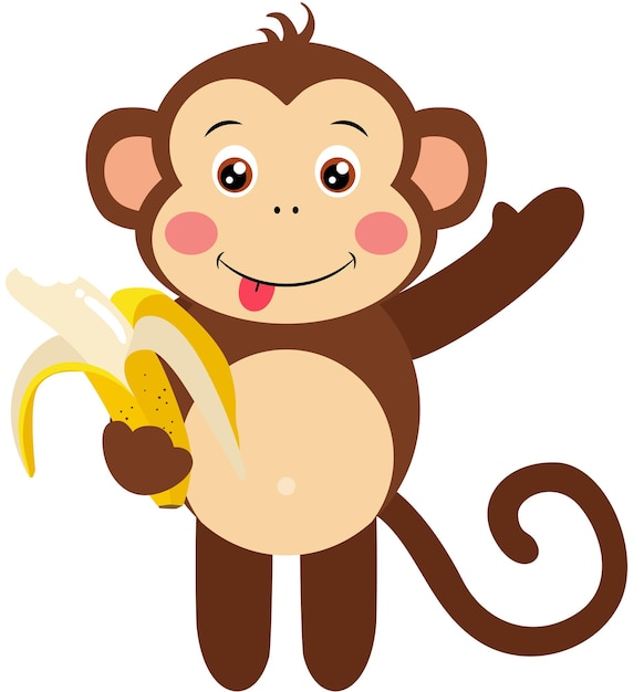 Una scimmia carina che agita e mangia una banana.