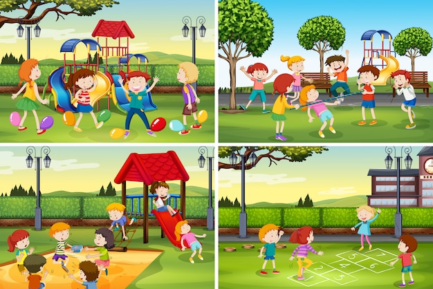 Una serie di bambini al parco giochi