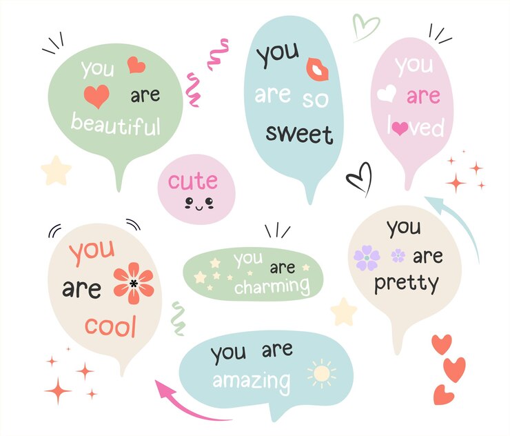 Una serie di bolle di linguaggio con frasi complimenti citazioni da selflove