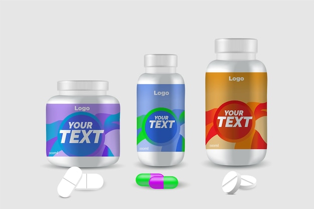 una serie di bottiglie di vitamine con il logo per il tuo testo