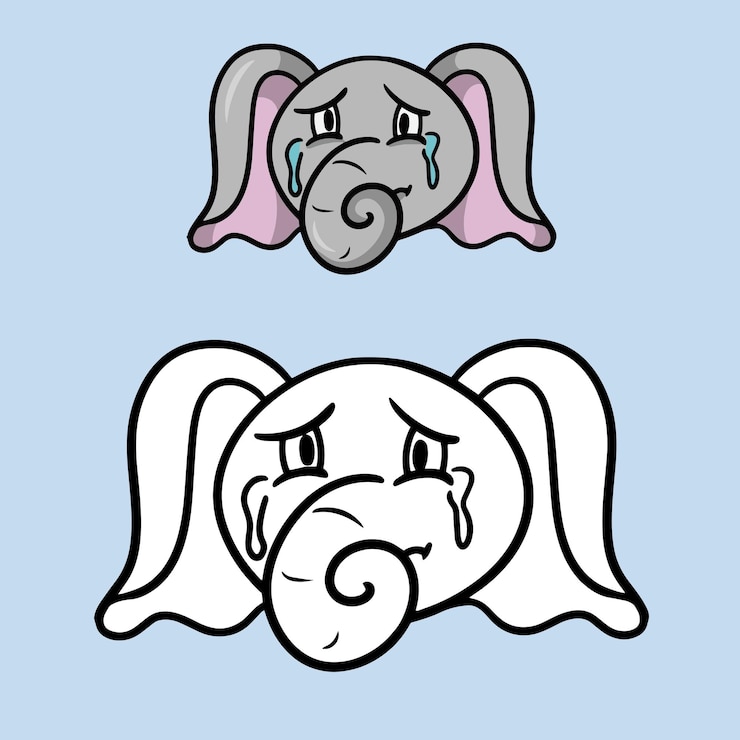 Vettore una serie di disegni triste carino piccolo elefante lacrime cartone animato elefante emozioni carattere pianto vettore