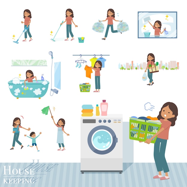 Una serie di donne dalla pelle abbronzata legate alle faccende domestiche come la pulizia e il bucato