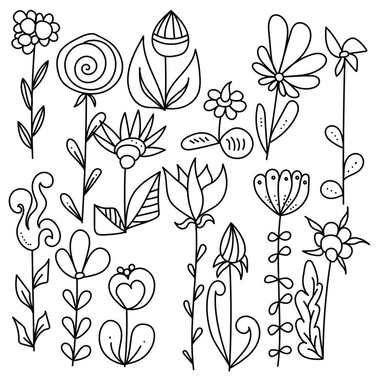 Una serie di fiori doodle di fantasia con semplici linee e punti di varie forme e dimensioni