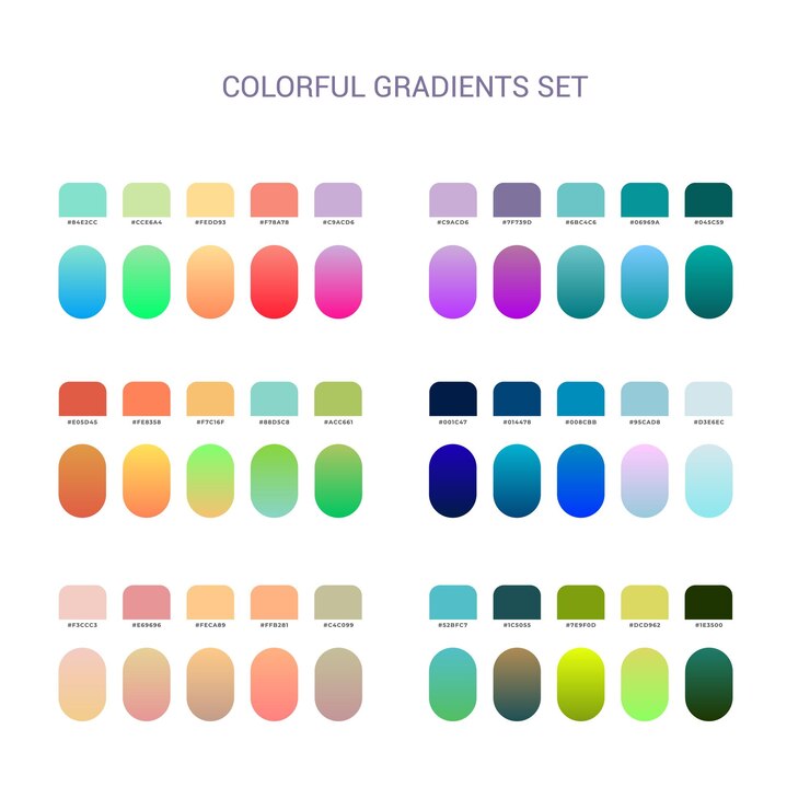 Una serie di gradienti colorati viene mostrata in diversi colori.