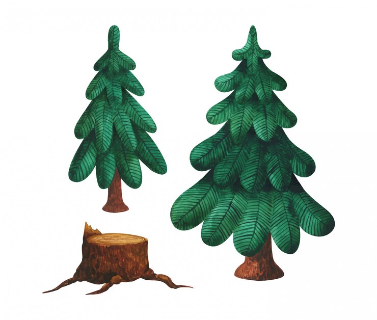 Una serie di illustrazioni ad acquerello naturali di un moncone abbattuto e alberi verdi.