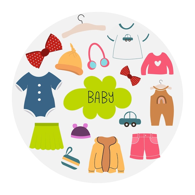 Una serie di illustrazioni di abbigliamento per bambini