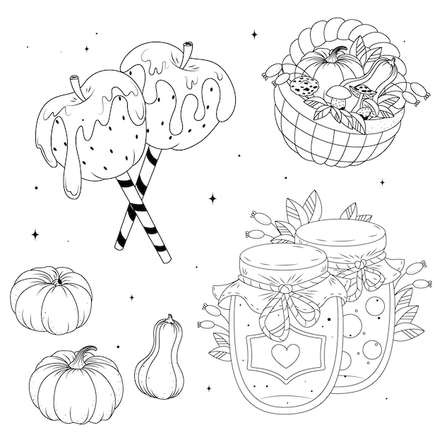 una serie di illustrazioni disegnate a mano di frutta e verdura autunnali, set autunnale in bianco e nero