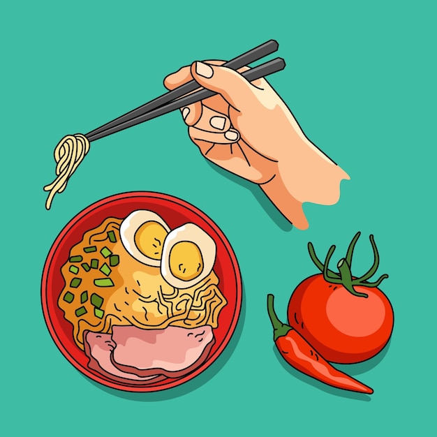 Una serie di illustrazioni in stile cartone animato raffiguranti una ciotola di noodles e modi per mangiarli