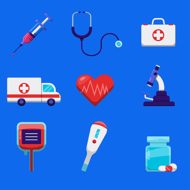 Una serie di illustrazioni vettoriali di icone mediche con strumenti assortiti