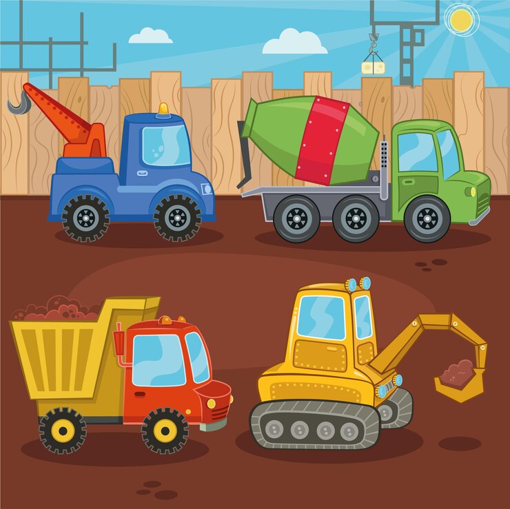Una serie di illustrazioni vettoriali per macchine da lavoro Gru betoniera camion scavatrice dumper