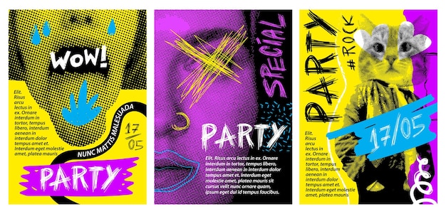 Una serie di manifesti grunge punk per feste, eventi, mostre, collage retro a mezza tonalità.