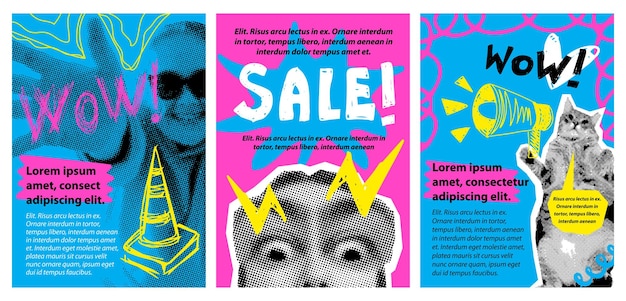 Una serie di manifesti grunge punk per vendite, eventi, mostre, collage retro a mezza tonalità.