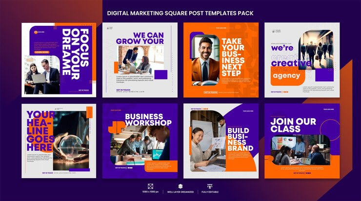 Vettore una serie di modelli di post arancioni e viola per modelli di post quadrati di marketing digitale.