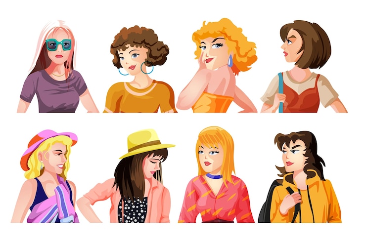 Vettore una serie di ragazze carine mani illustrazioni in vari clotheshair e cappelli vector adesivi o badge colorfull illustrazione vettoriale in stile cartone animato
