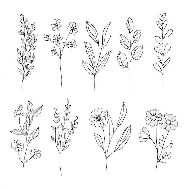 Una serie di semplici disegni di fiori e foglie su carta bianca