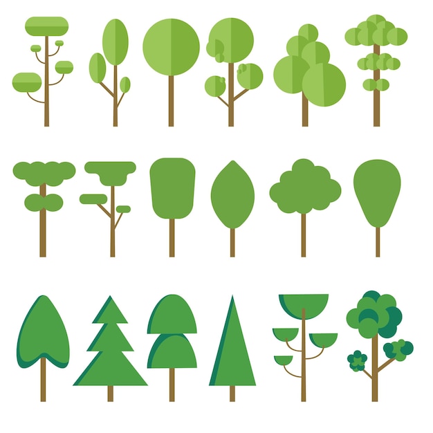 Una serie di semplici immagini di alberi, pini, abeti a foglia
