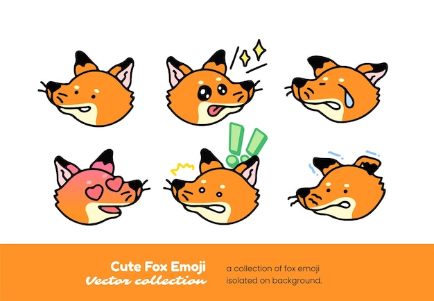 Una serie di simpatici emoji di volpe che supplicano, mostrano amore, piangono e mostrano shock, isolati su uno sfondo