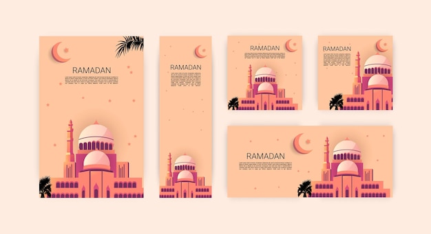 Una serie di striscioni per il ramadan con una moschea e palme.
