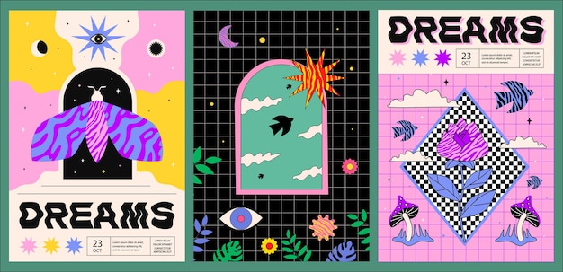 Una serie di vibranti poster surreali con elementi di texture di arco a griglia e forme astratte