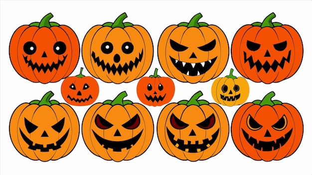 una serie di zucche con facce e facce tra cui una che dice "Happy Halloween"