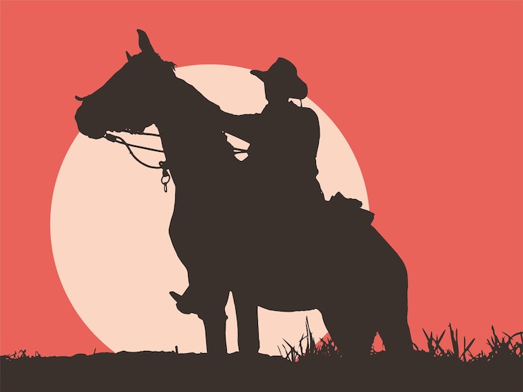 Vettore una silhouette di un cowboy e un cavallo con il sole dietro di loro