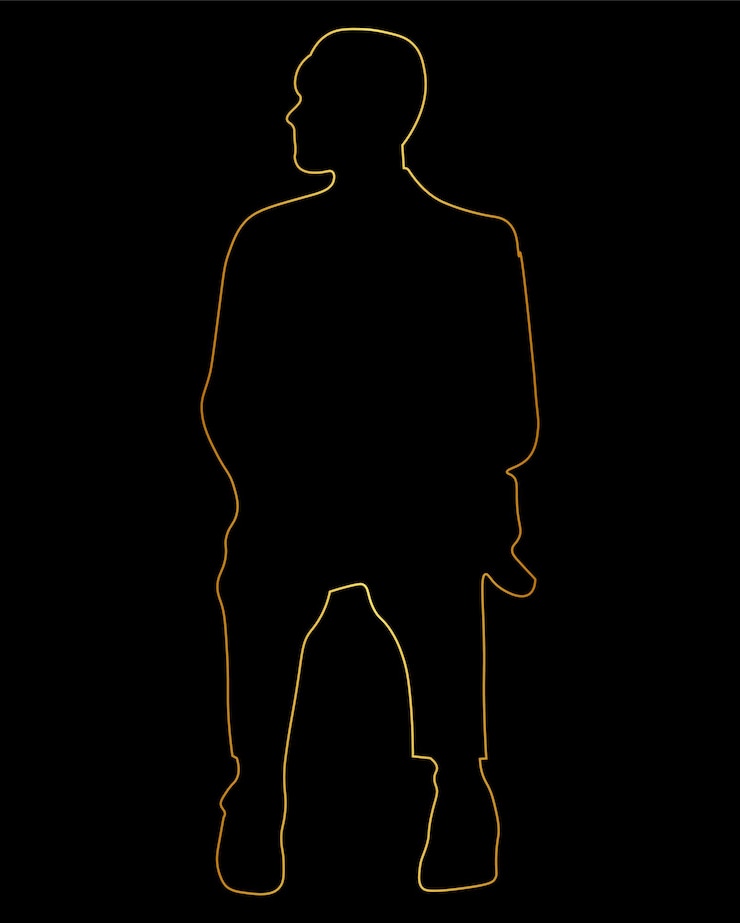 Vettore una silhouette di un uomo con una camicia gialla e pantaloni si trova davanti a uno sfondo nero.