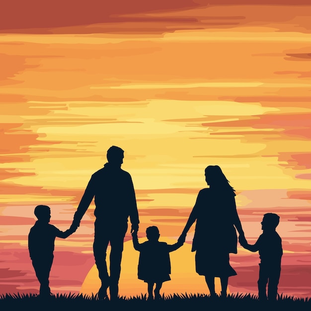 Una silhouette di una famiglia che si tiene per mano.
