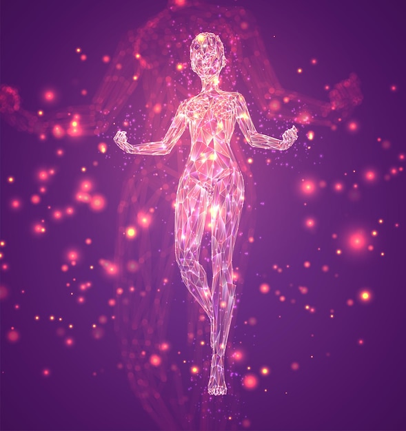 Una silhouette femminile di linee luminose e punti che danzano su un layout vettoriale di sfondo rosa astratto