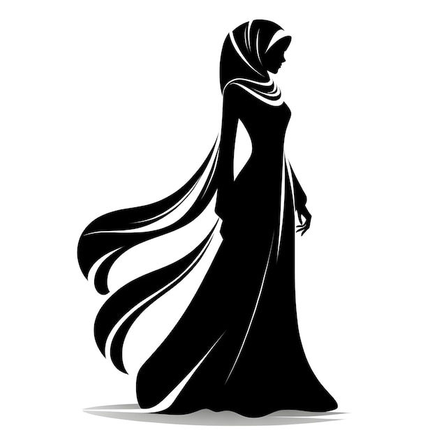 Una silhouette vettoriale di colore nero di una donna alla moda in hijab