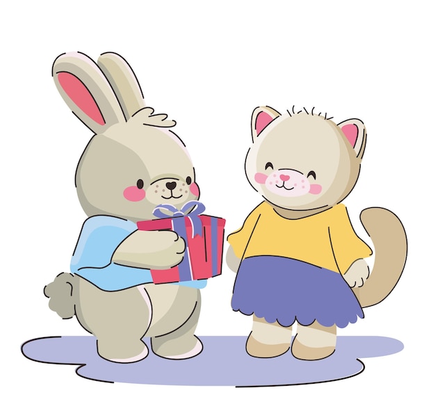 Una simpatica coppia di gatto e coniglio dei cartoni animati fa un regalo su una carta per un saluto di San Valentino o solo un modello verticale di compleanno per la stampa