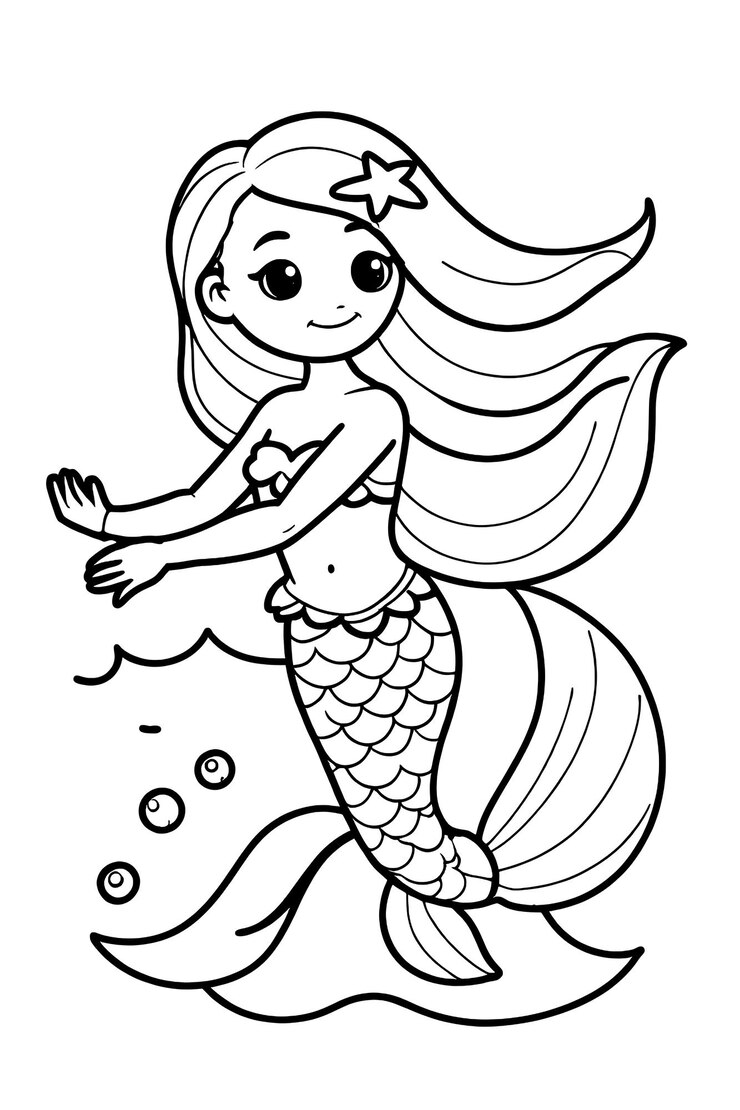 Una sirena con i capelli lunghi e la coda seduta su un'onda