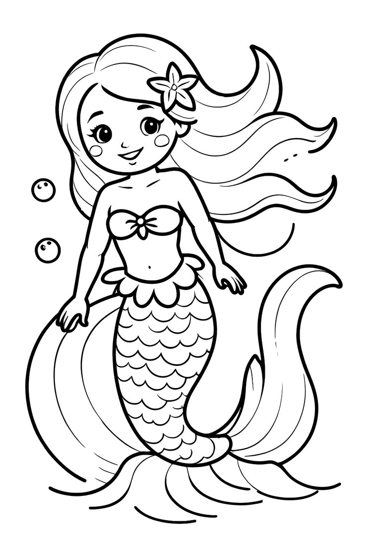 Una sirena con i capelli lunghi e la coda seduta su un'onda