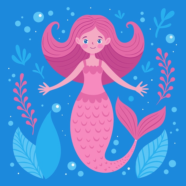 una sirena con i capelli rosa e l'acqua blu e le bolle blu