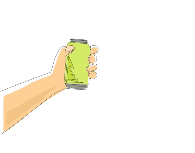 Una sola linea di disegno con la mano che tiene la lattina di soda con la mano maschile che tiene la Lattina di alluminio su sfondo bianco