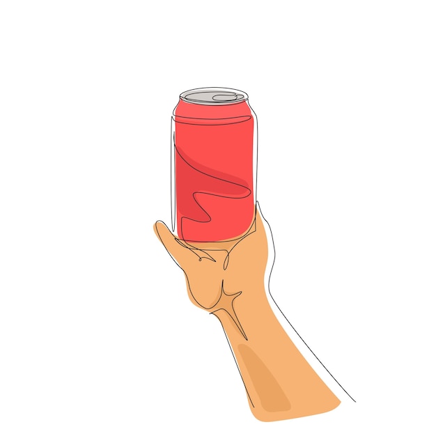 Una sola mano di disegno a linea continua tiene una lattina di soda in alluminio bagnata senza etichette vettoriali.